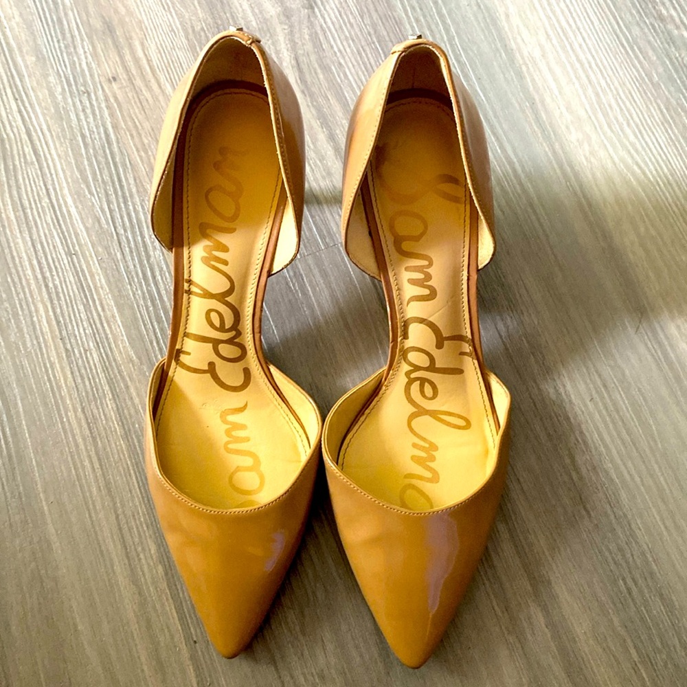 Beige, patent leather Sam Edelman heels.